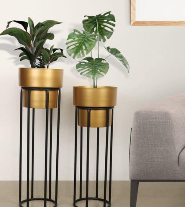 Metallic Gold Metal Planters With Plants Stand Set of 2